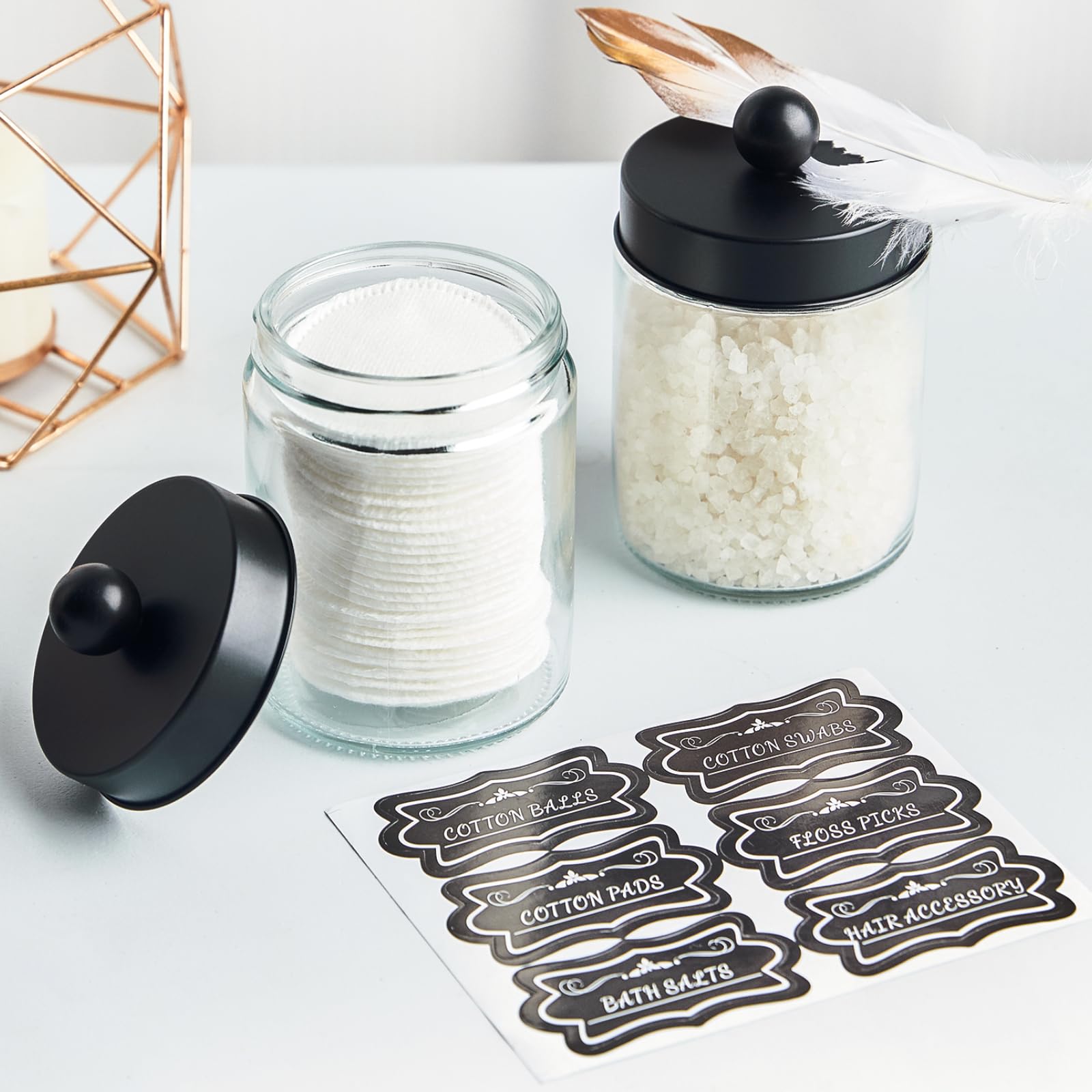 2 Pack Glass Apothecary Jars With Lids And Labels - Bathroom Counter Storage Jars, Qtip Holders Vanity Countertop Canisters (Cle
