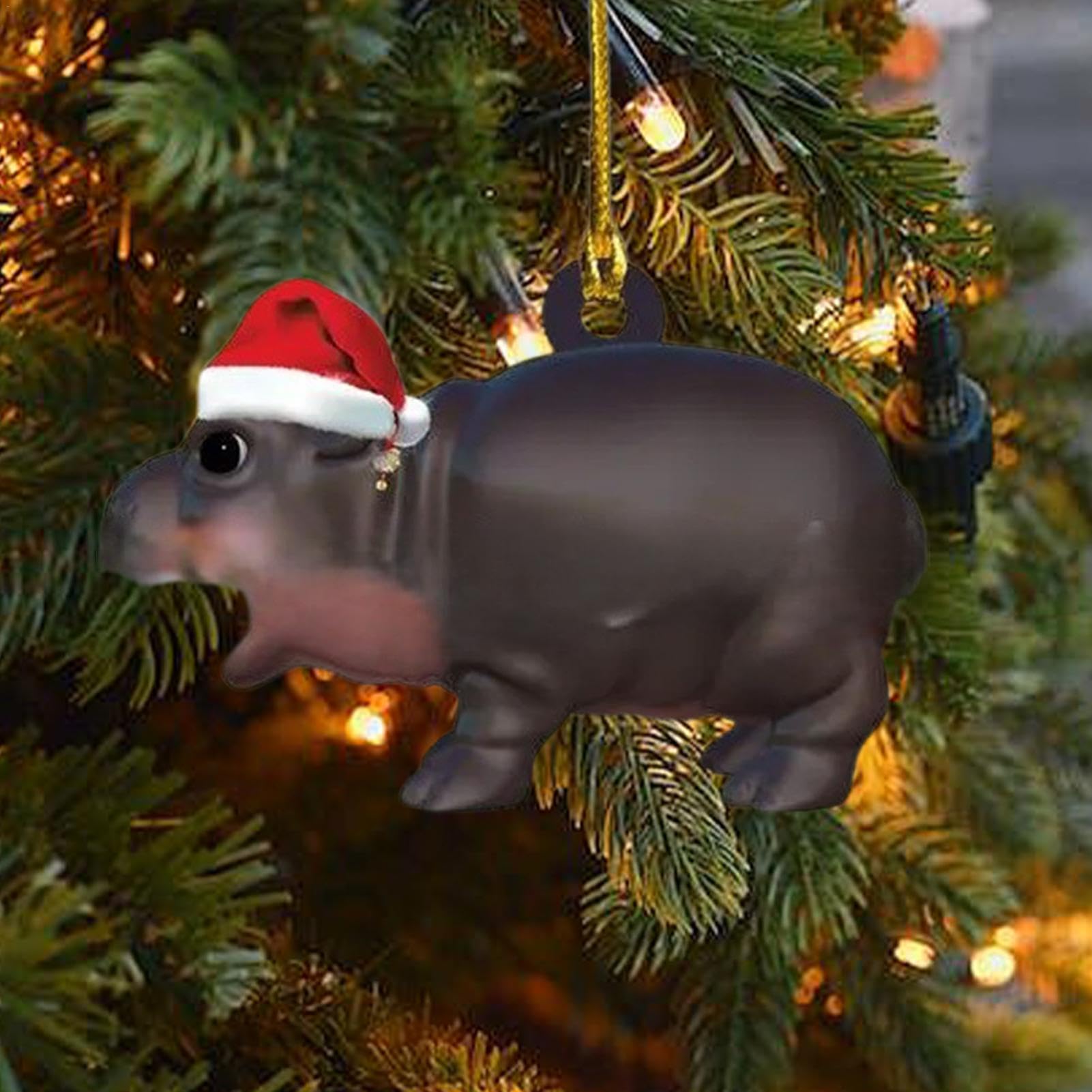 Hippo Christmas Decor, Christmas Tree Hanging Decorations, Hippopotamus Decoration with Santa Hat - 2D Acrylic Holiday Ornament