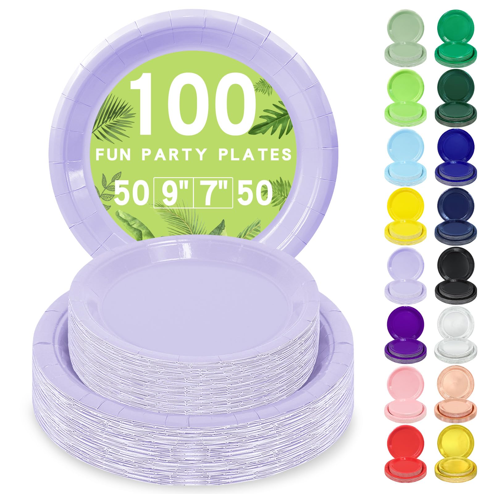 LANLISA 100 Lavender Paper Plates Set Includes 50-9 & 50-7 Disposable Dessert Cake Paper Plates For Party Supplies