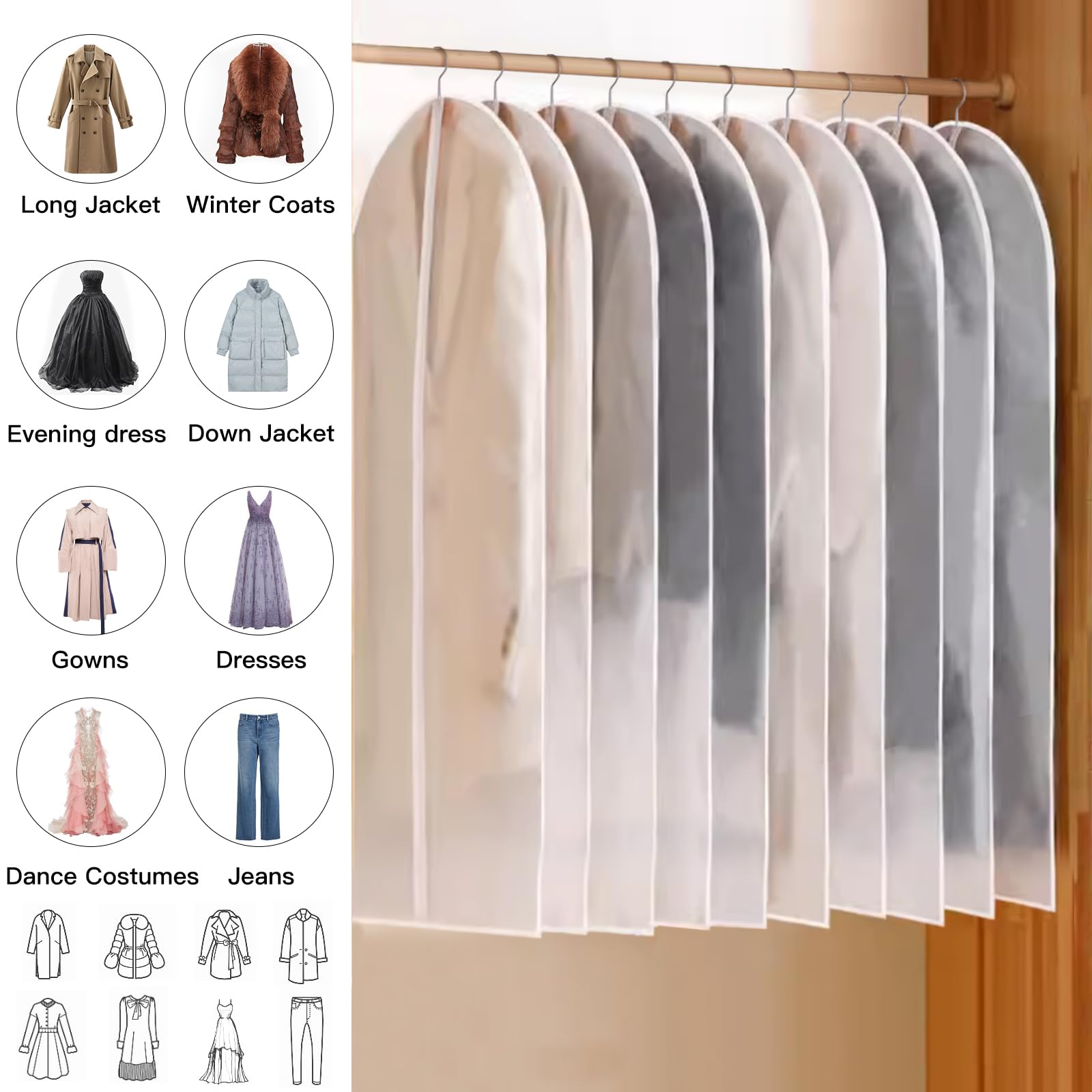 Yydslee 60Inch Garment Bags For Hanging Clothes, Dress Cover Bags For Gowns Long Clothes Cover Translucent Coat Covers For Close