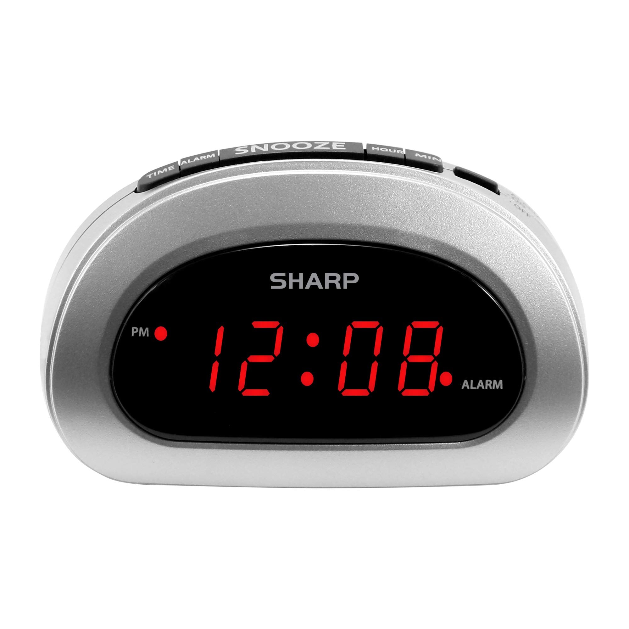 Sharp Small Digital Alarm Clock with Snooze and Battery Backup, Easy to Use Top Button Controls for Simple Use, Silver Case with