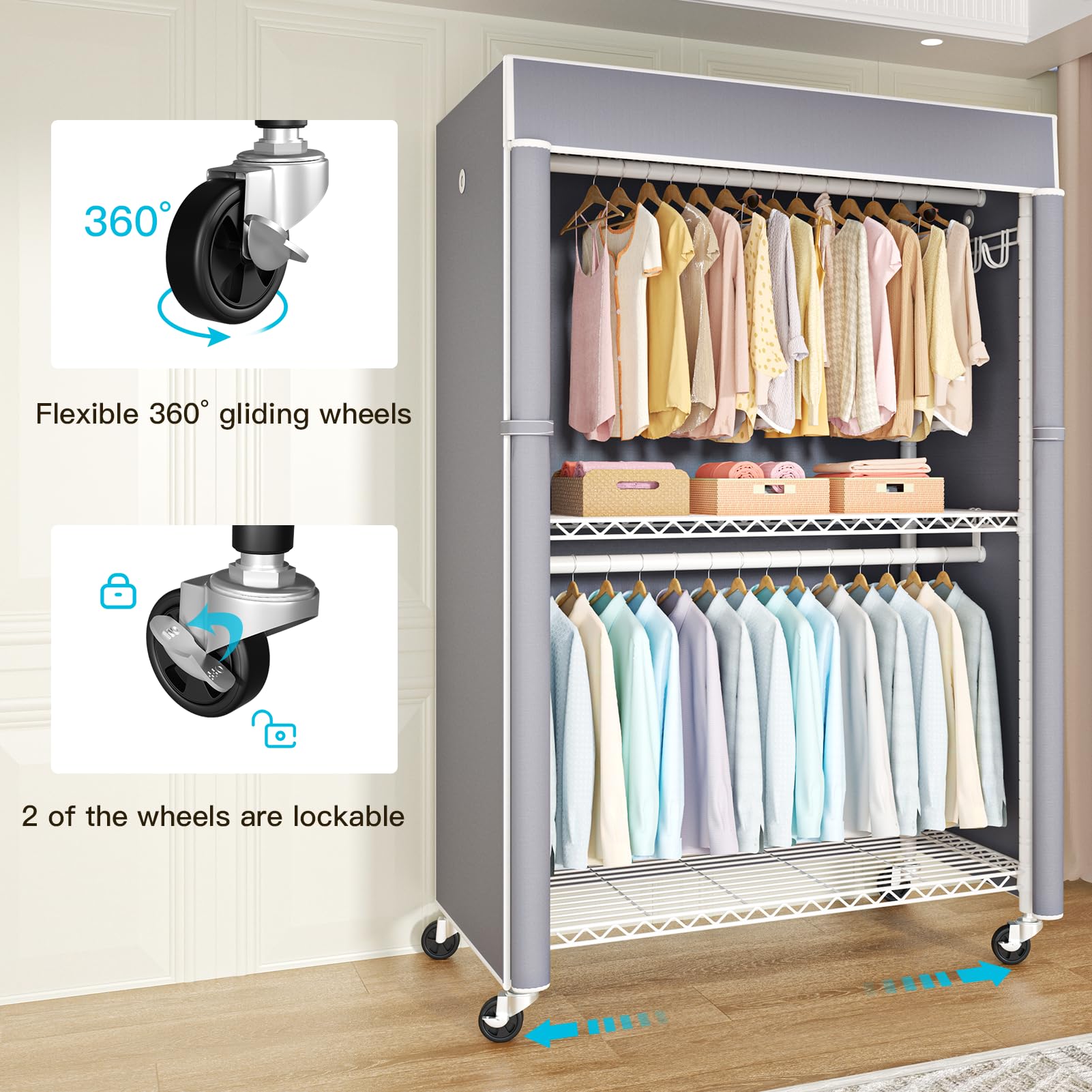 Futassi White Clothing Rack With Grey Cover, P1C Plus Rolling Closet Rack With Wheels, Metal Garment Rack For Hanging Clothes, C