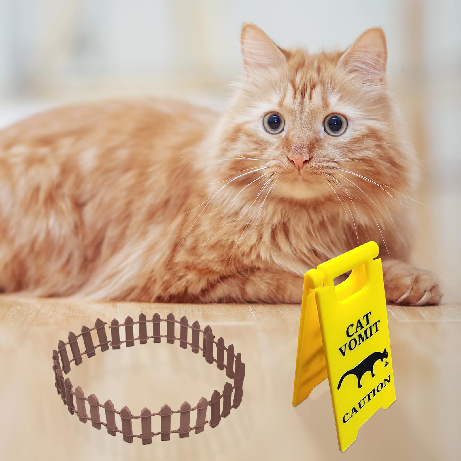 3Pcs Cat Vomit Caution Sign, Funny Cat Vomit Sign with Mini Fence and Woven Cat Coaster 3D Printed Cat Warning Signs Double Side
