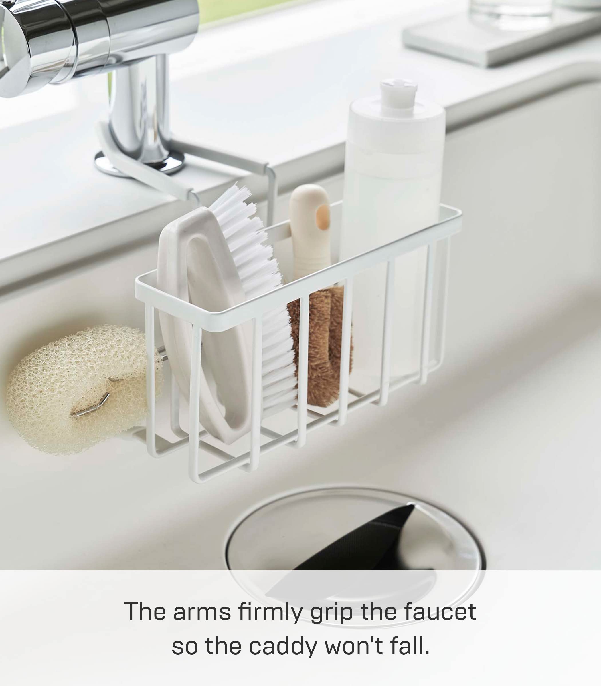 Yamazaki Home Faucet-Hanging Sponge Caddy Kitchen Sink Dish Soap Bottle Brush Scrubber Organizer Holder, Metal With Silicone Pro