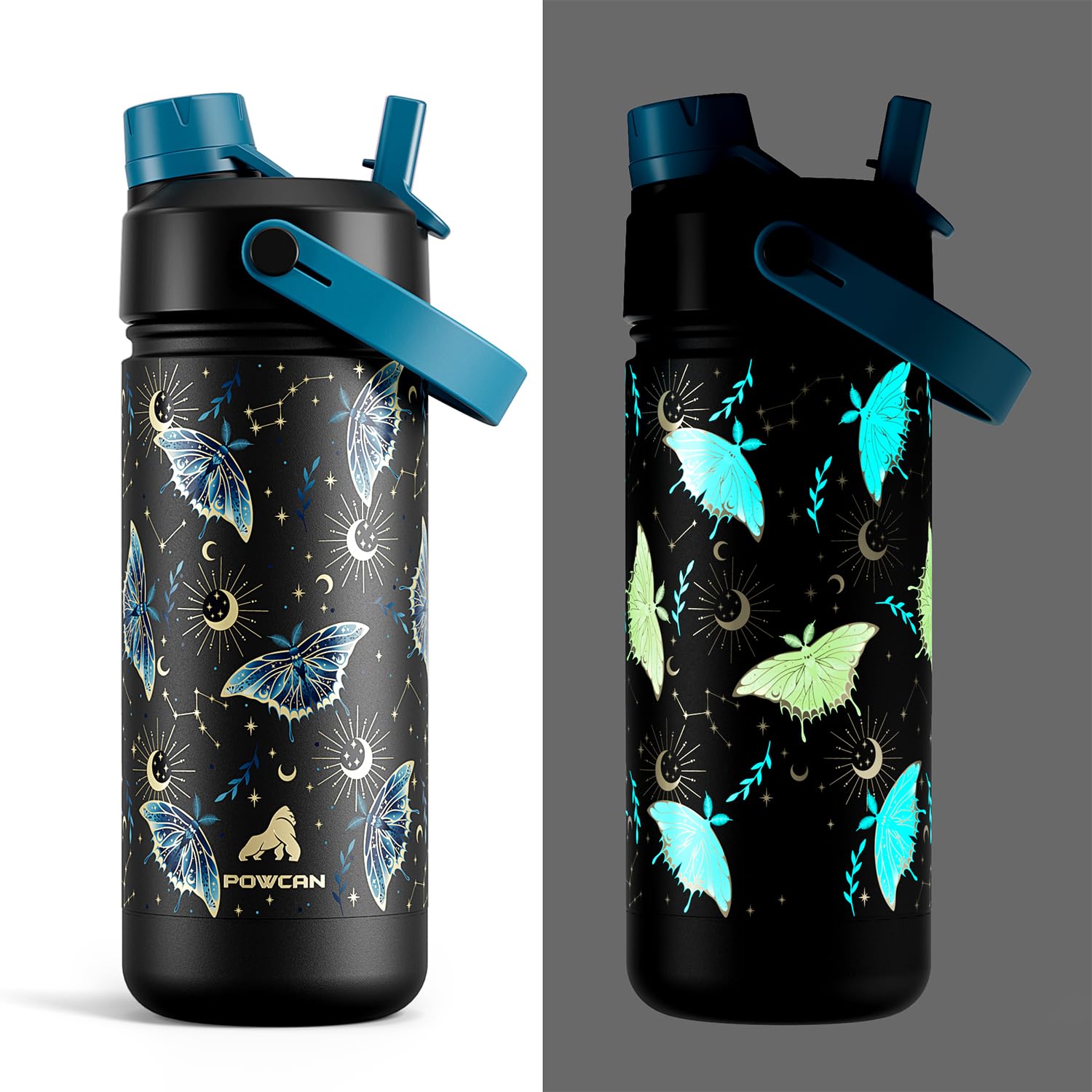 18 oz Kids Insulated Water Bottle: GlowintheDark, 2in1 Straw Spout Lid, Leakproof, BPAFree, Keep Cold 24H, Stainless Steel