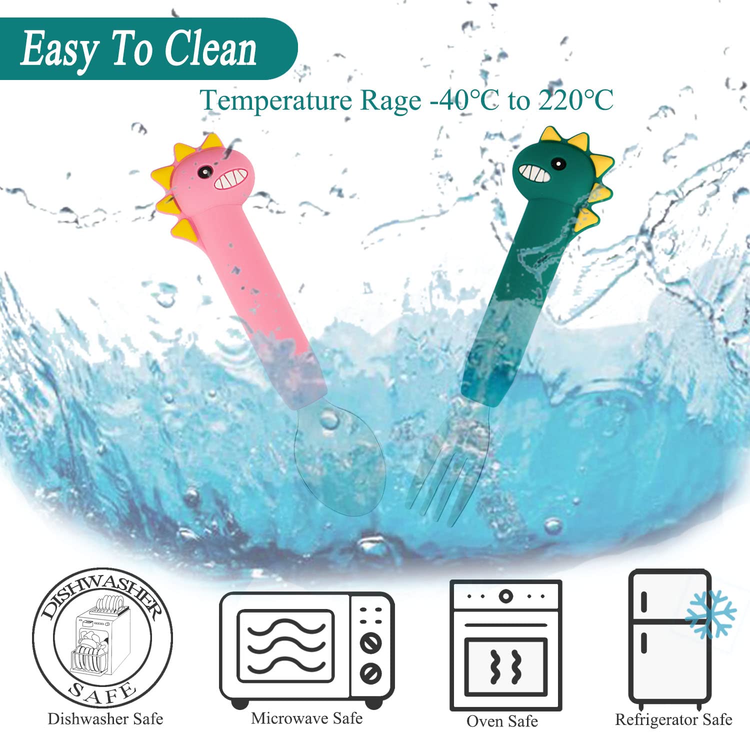 NICINGU Toddler Utensils,Baby Spoons Fork Sets,Kids Silverware with Silicone Handle,Dinosaur Toddler Spoons Forks-Pink