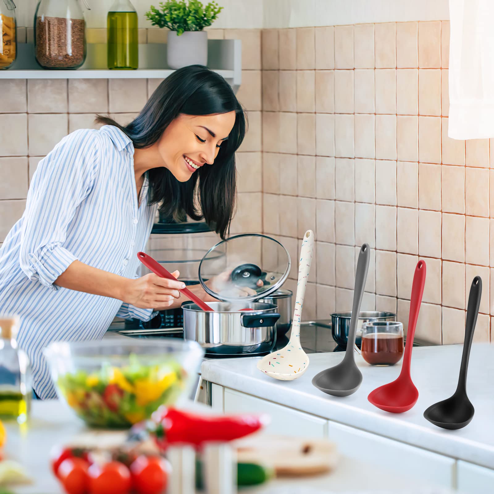 4 Pieces Silicone Ladles For Cooking - 4 Colors Middle Soup Ladle Spoon Heat Resistant Kitchen Ladle Spoons, Cooking And Serving