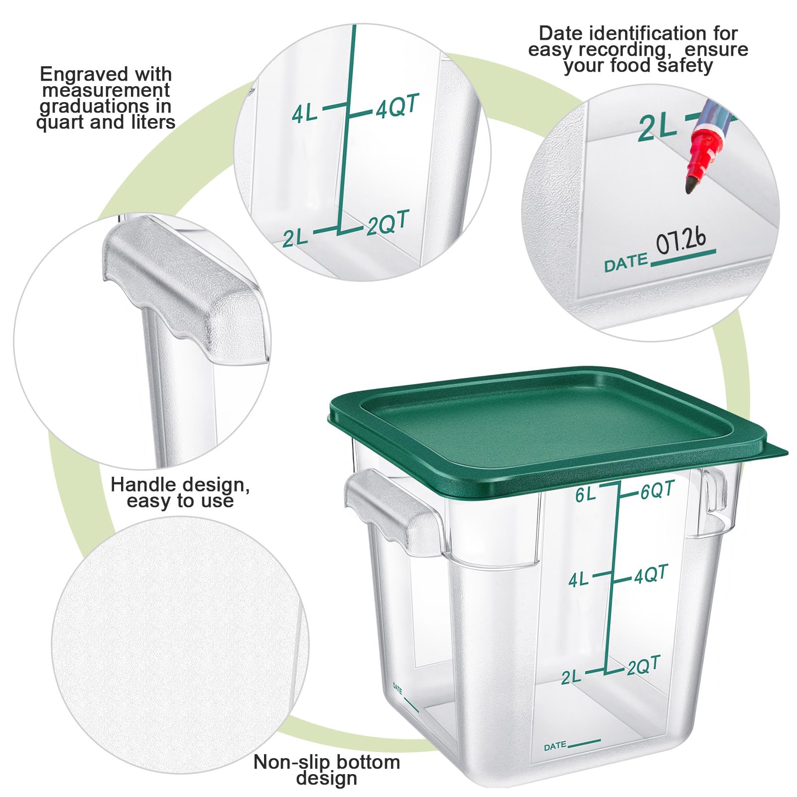 Huwena 4 Pcs Commercial Food Storage Container With Lid Clear Square Container Set With Scale And Handle For Home Kitchen Restau
