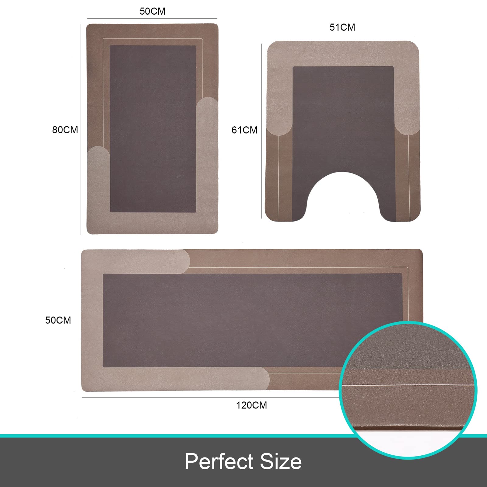 Hellotree 3Pcs Bath Mat Rug Rubber Non Slip Quick Dry Rug Sets Super Absorbent Thin Bathroom Rugs Fit Under Door Khaki Washable