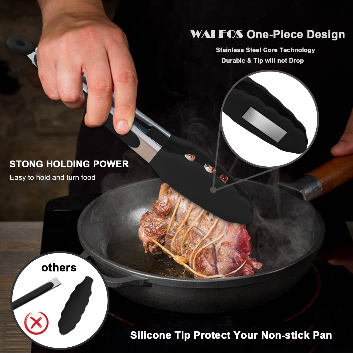 Walfos Kitchen Tongs - Heat Resistant Cooking Tongs Set of 3  Stainless Steel and BPA Free Silicone Tips  Great for Cooking  Grilling  Turning  7'' 9'' and 12'' (3 black silicone tongs)