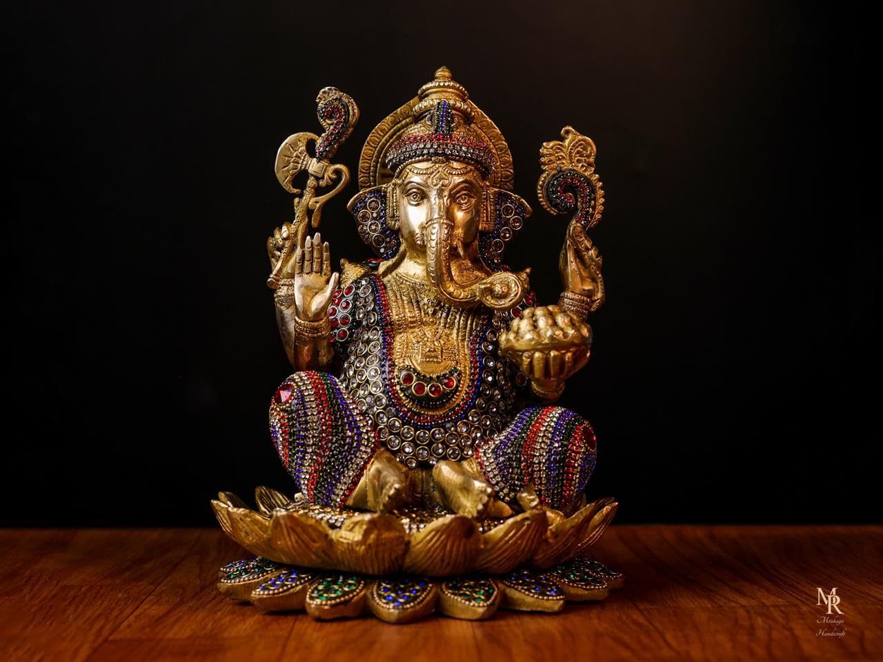 Mridaya Brass Ganesha Statue With Mosaic Stonework, 24 Cm Brass Ganesh Statue, Ganpati Idol, Good Luck Gift For New Beginnings, 