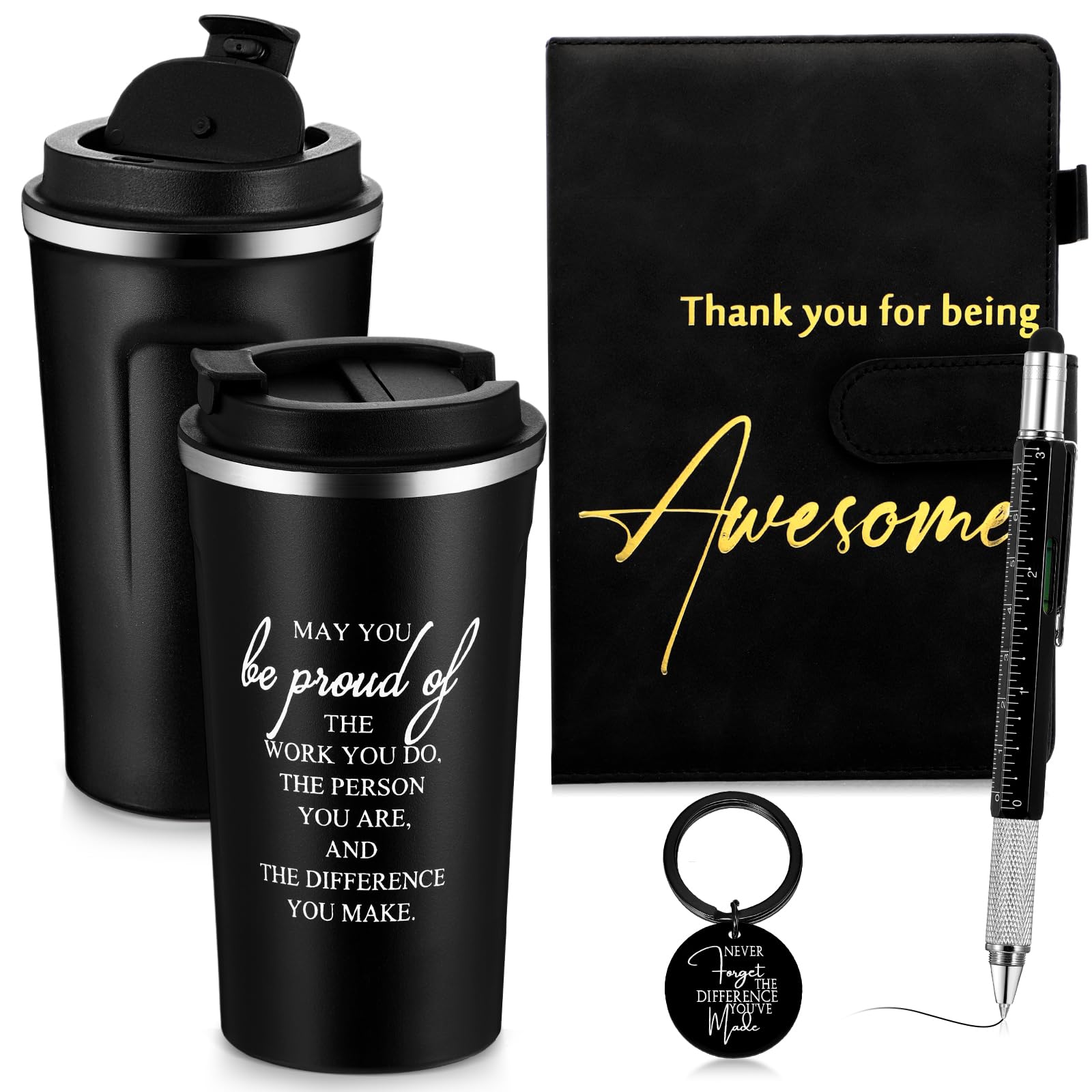 Skybooly 4 Set Father Day Thank You Gift for Men 17oz Black Stainless Steel Coffee Tumbler with Lid Leather Journal Keychain Pen