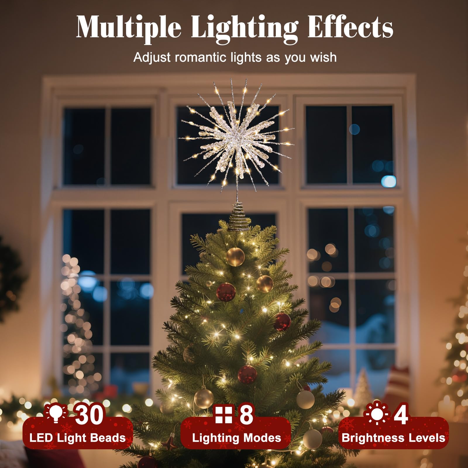 Lewondr Christmas Snowflake Tree Topper, 12.2in Xmas Tree Topper with Glittered Epoxy & 30 LED Bulbs, Remote&USB Powered Snowfla