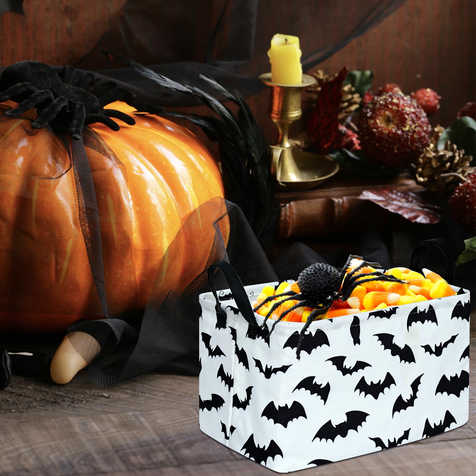KUNRO Bat Pattern Halloween Storage Gift Basket Canvas Storage Bins with Handles Rectangle Storage Cubes Organizer for Bedroom L