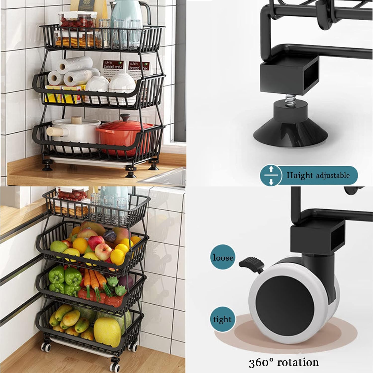 Carolyndesign Kitchen Storage Baskets Black Iron Wire Storage Bins With Wheels And Feet, Stackable Vegetable Storage Baskets (6-