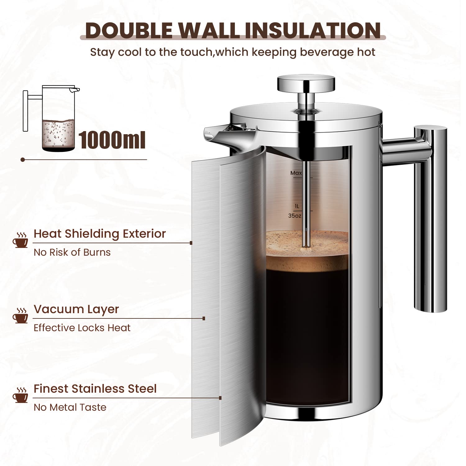 Velaze French Press Coffee Maker 34Oz, Double Wall Insulated French Coffee Press Stainless Steel, 1L Coffee Maker Included 4 Ext
