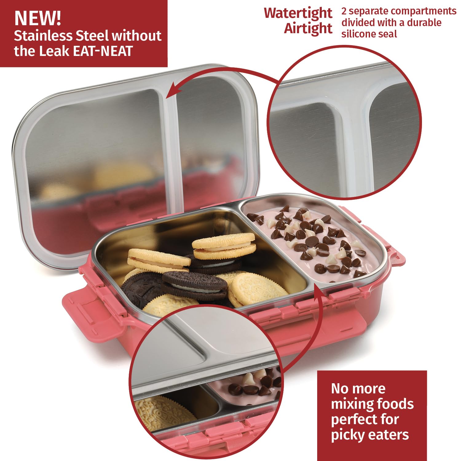 Signoraware Stainless Steel Bento Box For Men, 34 Oz, Pink, Leakproof Between 2 Compartments