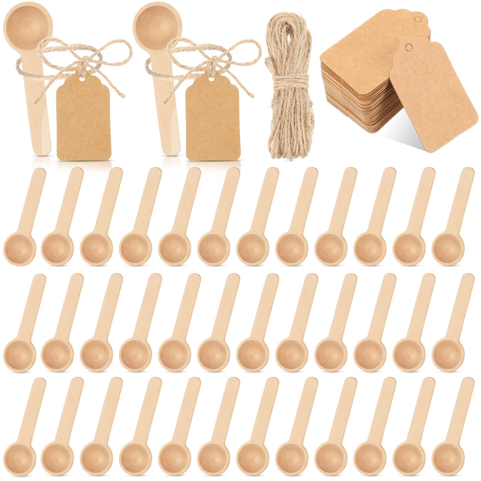 Baderke 50 Sets 3 Inch Mini Wooden Spoons Small Wooden Spoons Disposable Small Spoons For Spice Jars Wood Spoons With Tags And T