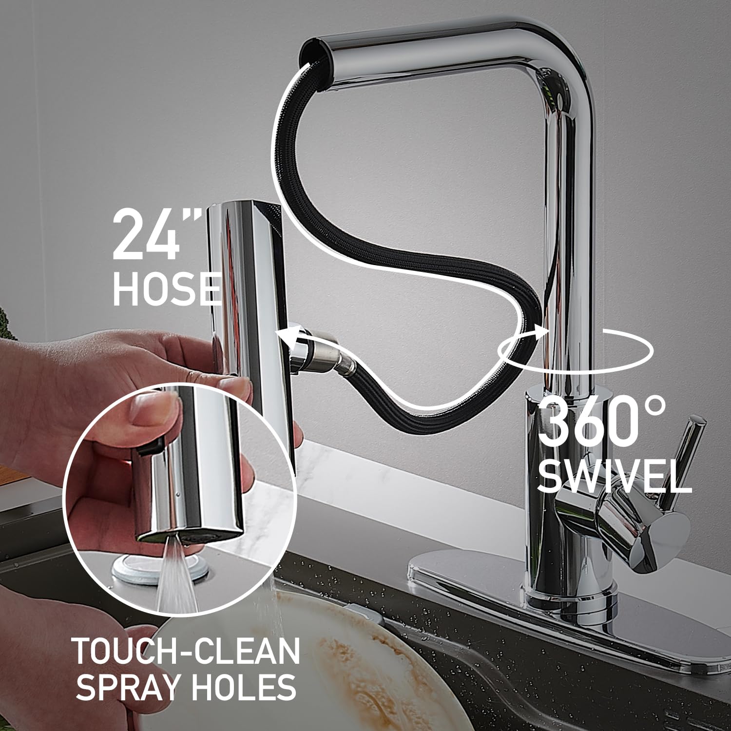 Zoriou Kicthen Faucets With Pull Down Sprayer, Chrome Waterfall Kitchen Sink Faucet With Soap Dispenser, Single Hole Stainless S