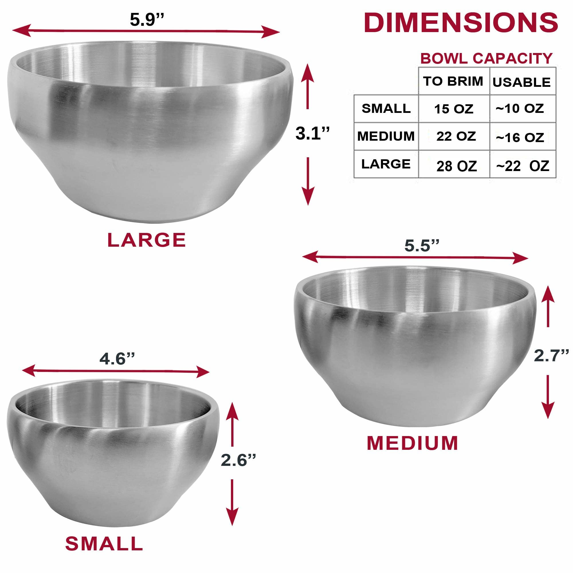 Heavy Duty Heat Insulated Brushed Stainless Steel Serving Bowls, Sus 304, Multipurpose, 4 Pack, Small (15 Oz)