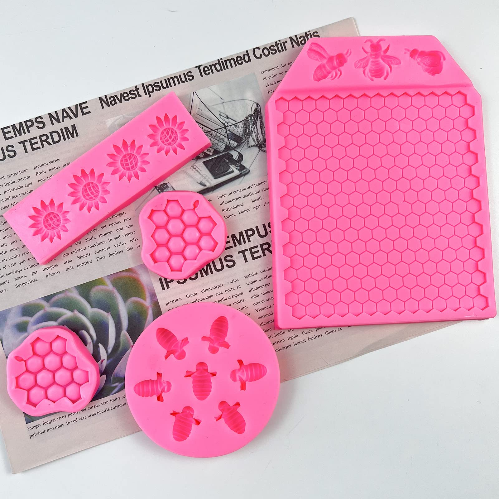 Rainmae 5 Pcs Bumble Bee Silicone Molds, Honeycomb Sunflower Fondant Mold, Beehive Silicone Baking Mold For Happy Bee Day Cake D
