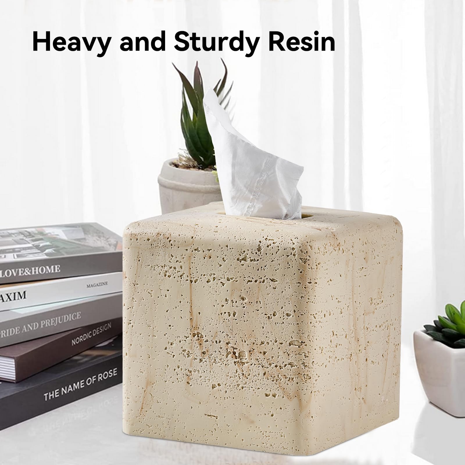 Natural Travertine Textures Tissue Box Cover Square For Home Decor,Resin Heavy Tissue Box Holder For Bathroom Countertop,Tableto