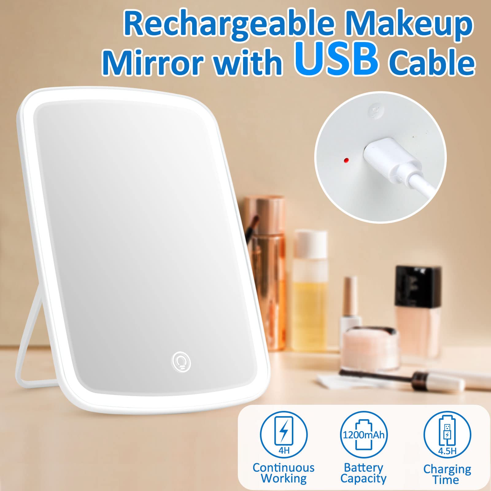 Vikert Lighted Makeup Mirror With Lights, Portable Usb Rechargeable Make Up Mirror, Cosmetic Mirror With Touch Screen And Bright