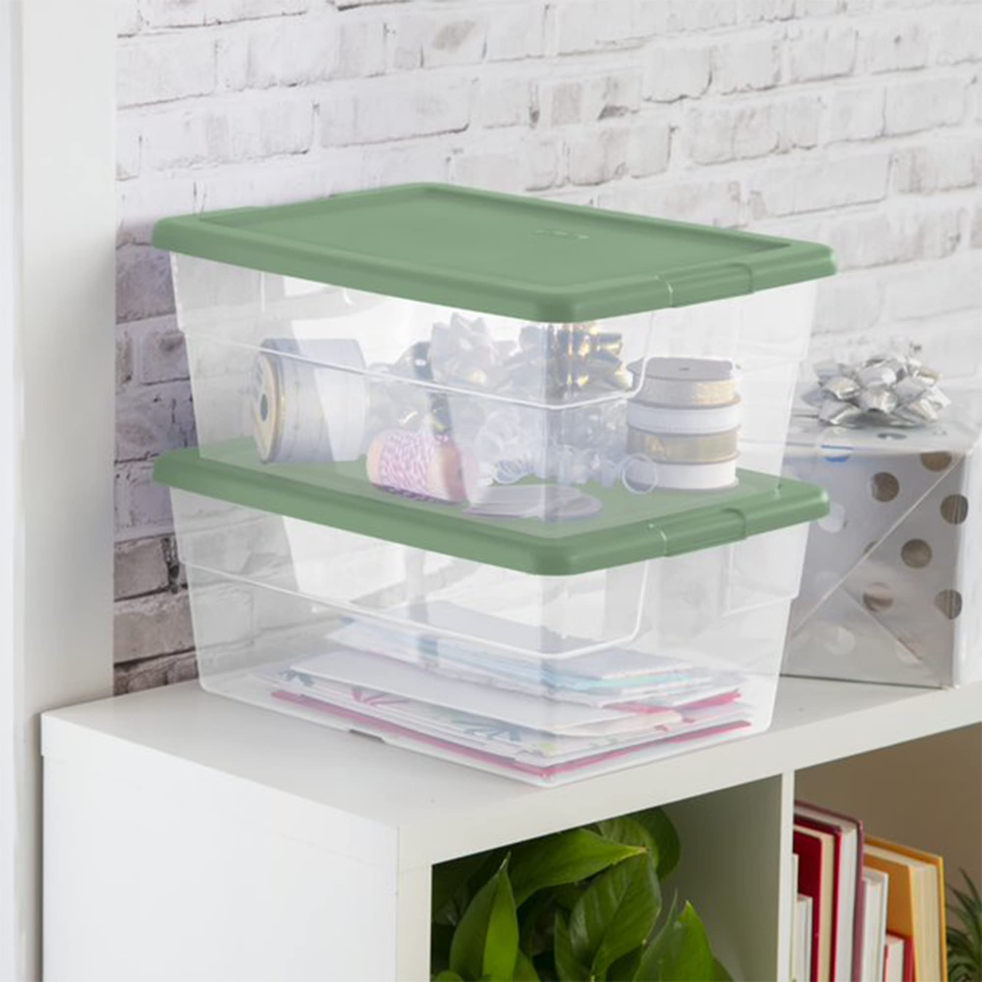 Sterilite 2 Pack Storage Boxes, Clear Plastic Stackable Bins, 16 Quart, Marine Blue