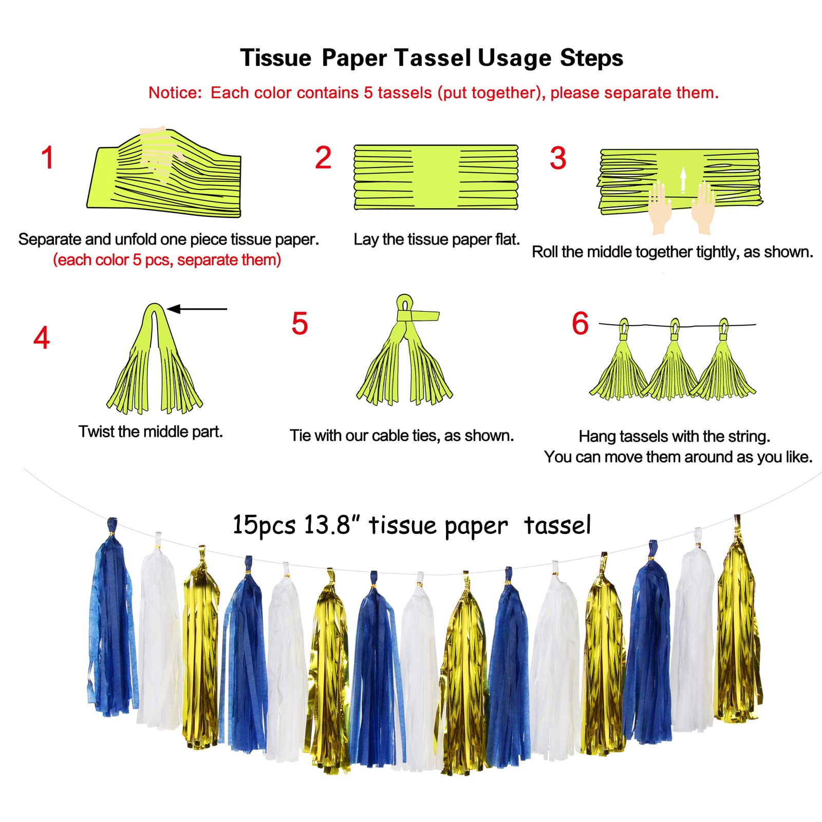 Navy-Blue White-Gold Tassel Garland Streamers- 15pcs Tissue Paper Tassels Banner Party Decorations Men Boy Birthday Graduation B