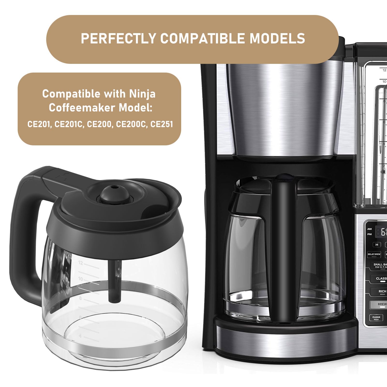 Ce200 12-Cup Glass Coffee Pot Replacement Compatible With Ninja Coffee Brewer Maker Models Ce251 Ce201 Ce201C Ce200 Ce200C Model