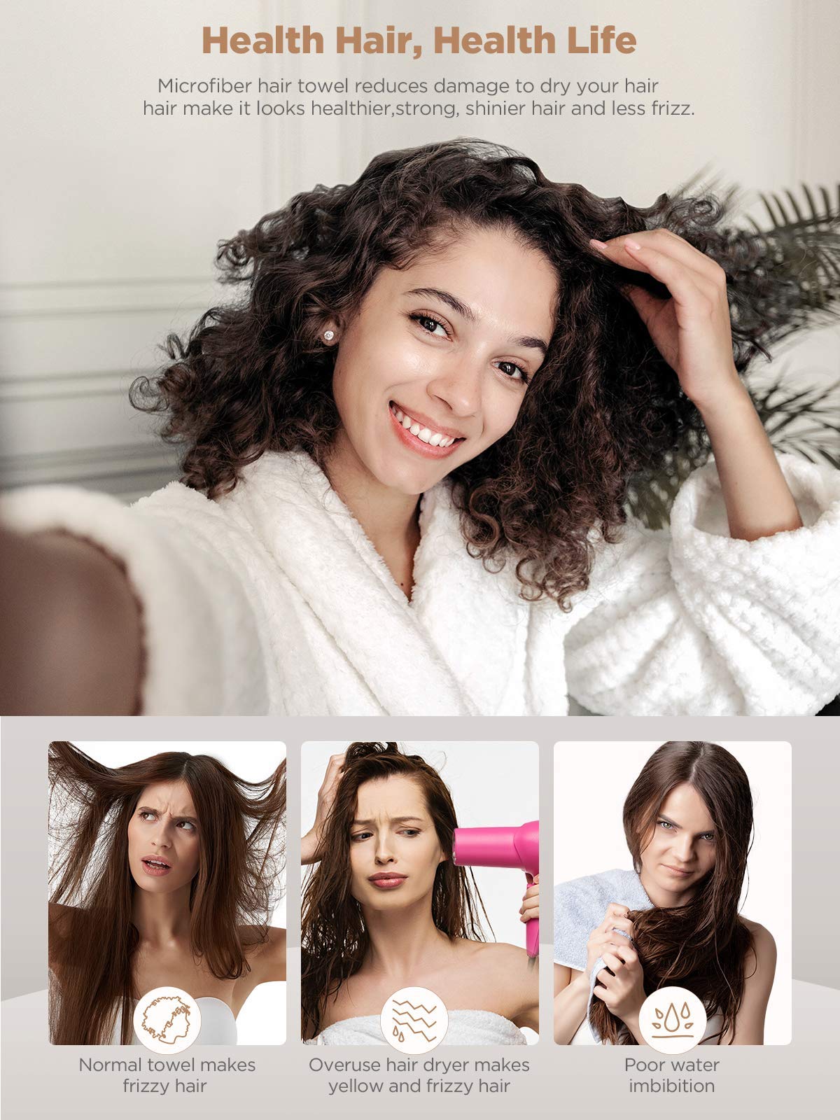 Hicober Microfiber Hair Towel, 3 Packs Hair Turbans for Wet Hair, Drying Hair Wrap Towels for Curly Hair Women Anti Frizz (Plum,