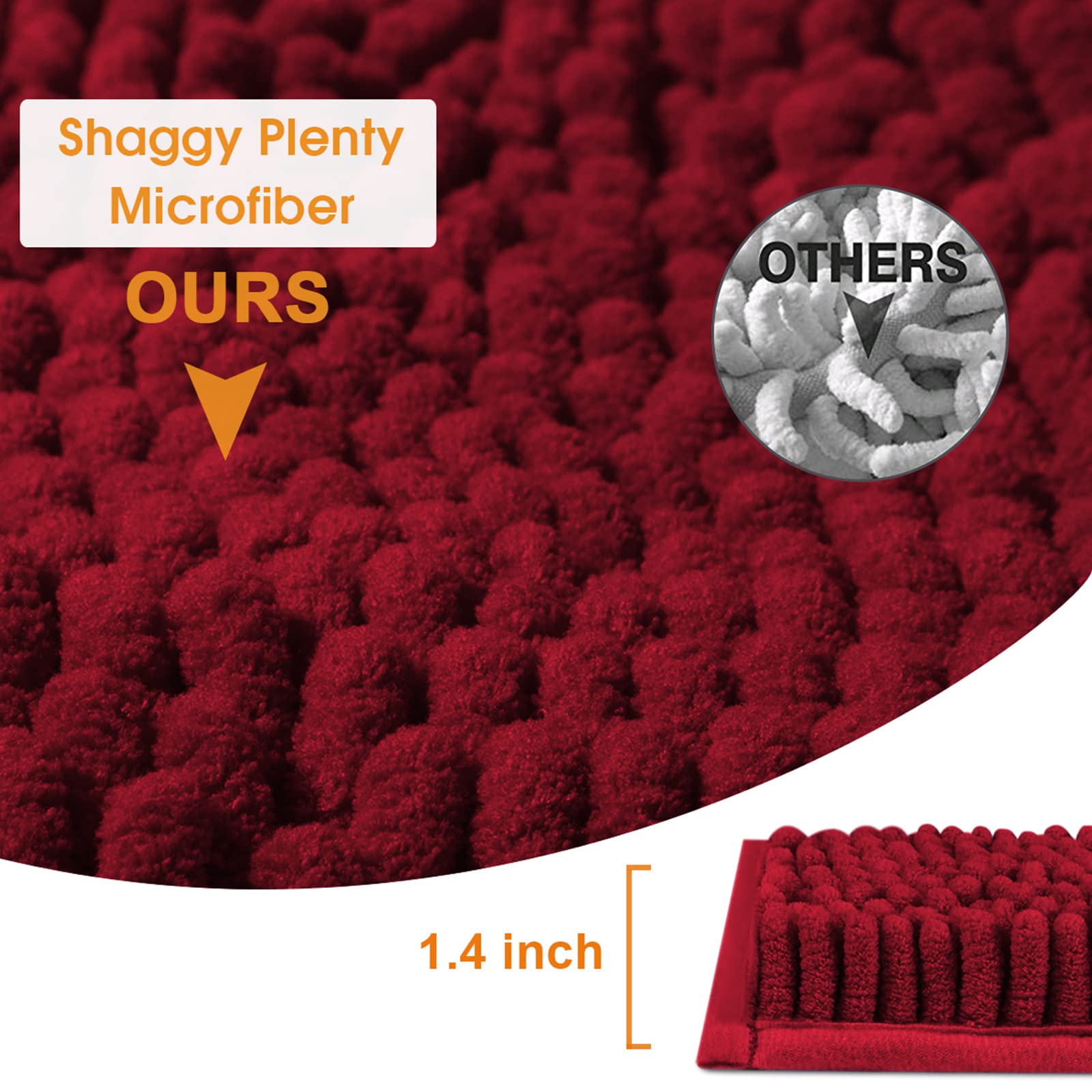 BYSURE Burgundy Bathroom Rugs Sets 3 Piece Non Slip Extra Absorbent Plush Chenille Soft Washable Bath Rugs and Mats Set