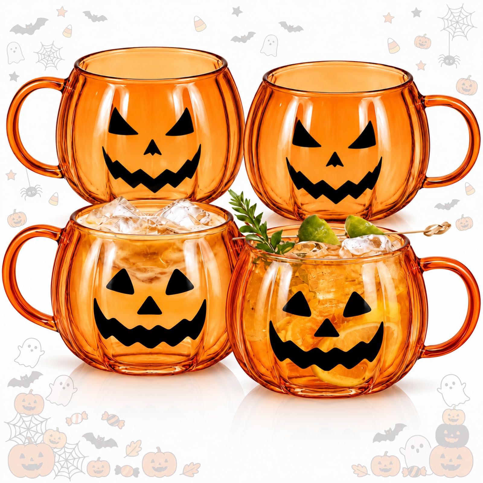 Didaey 4 Pcs Halloween Pumpkin Glass Mugs with Handle 12 oz Cute Milk Cup
