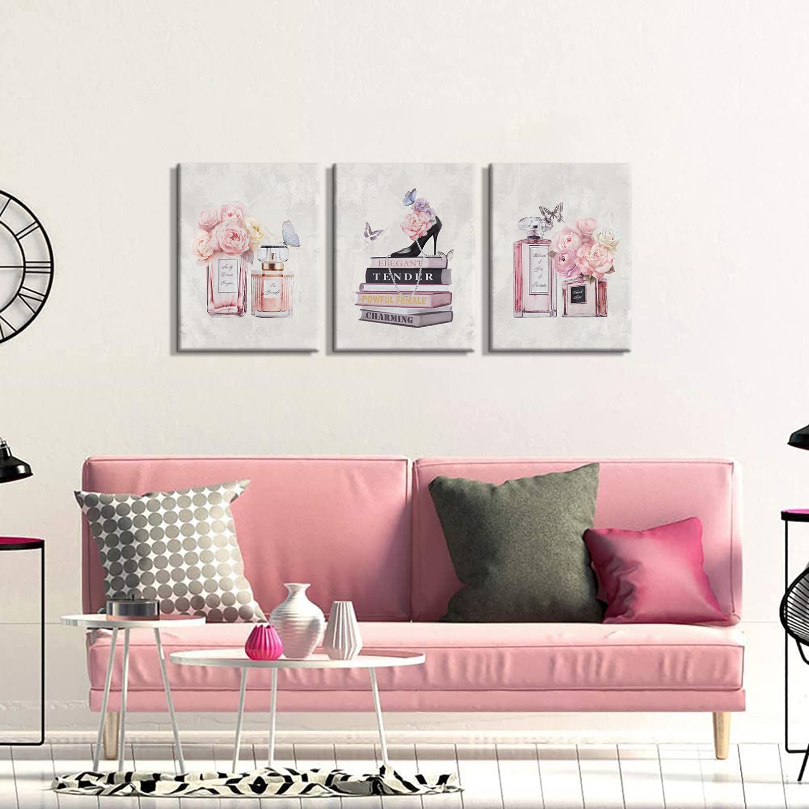 Wanboya Fashion Women Canvas Wall Art Pink Flower Perfume Modern Art Prints With Book High Heel 3 Pieces Canvas Pictures Girl Ro
