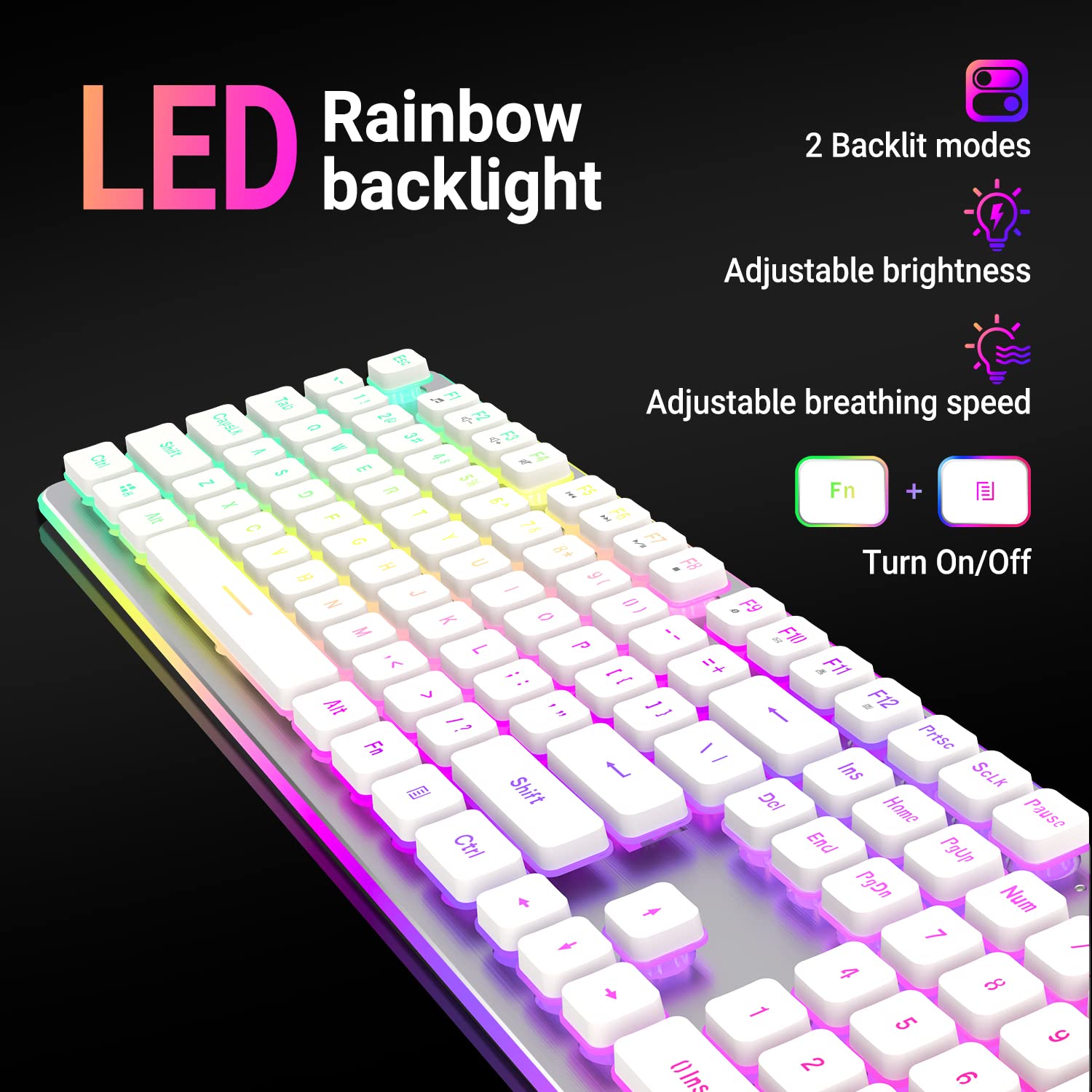 Langtu W1 Wireless Gaming Keyboard, Rechargeable 24G Rainbow Backlit Led Keyboard With Metal Panel, 104 Keys Wireless Computer K