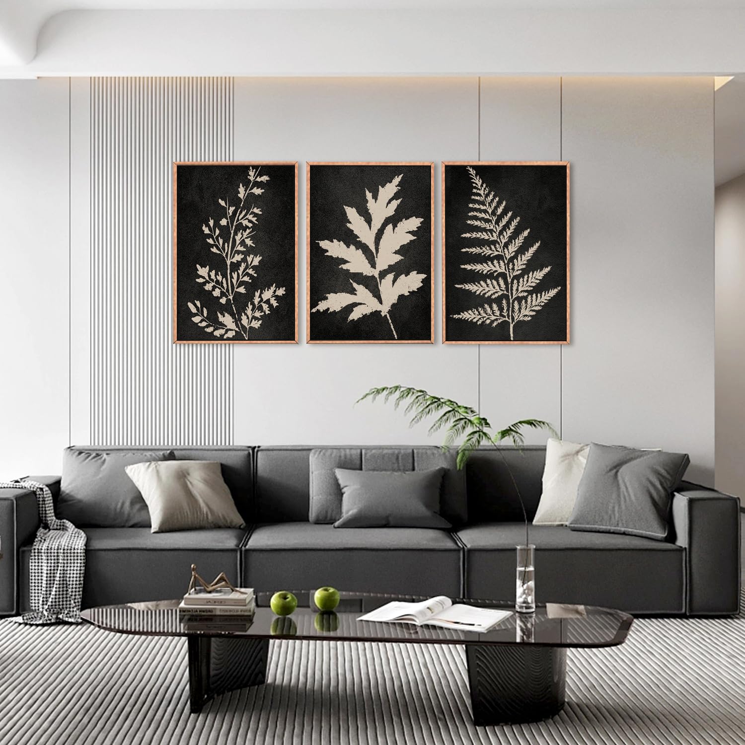 Ausril Black Tan Fern Leaf Framed Canvas Wall Art Set, Minimalist Botanical Wall Decor, Nature Fern Plant Silhouette Wall Painti