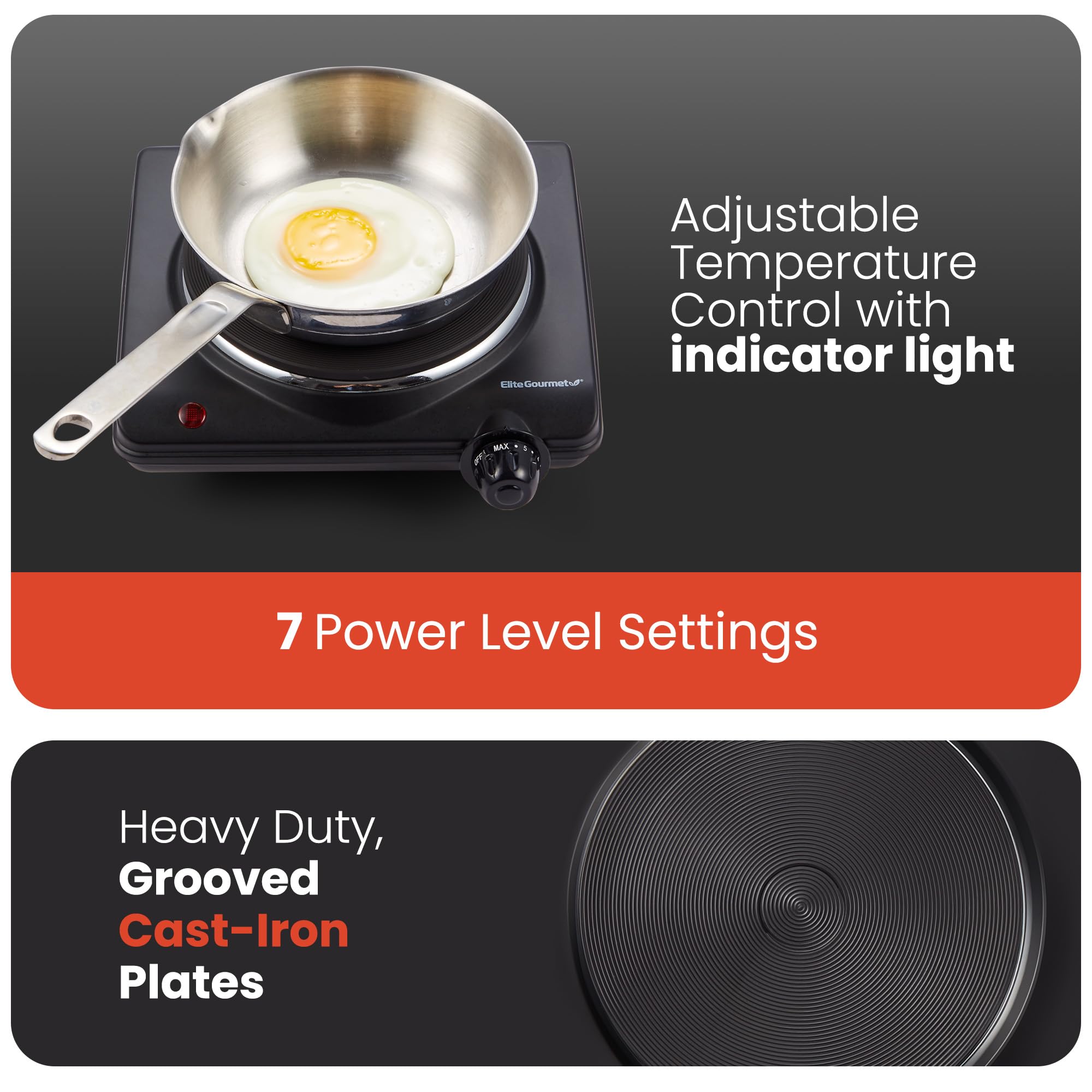 Elite Gourmet ESB-301BF Electric Hot Plate, 1000W, Single Cast Iron Burner, Easy to Clean, Black