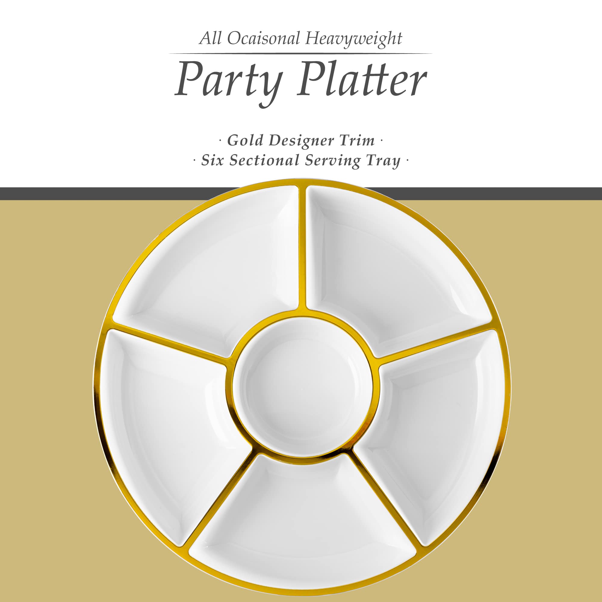 Plasticpro 6 Sectional Round Plastic Serving Tray/Platter (8, White & Gold)