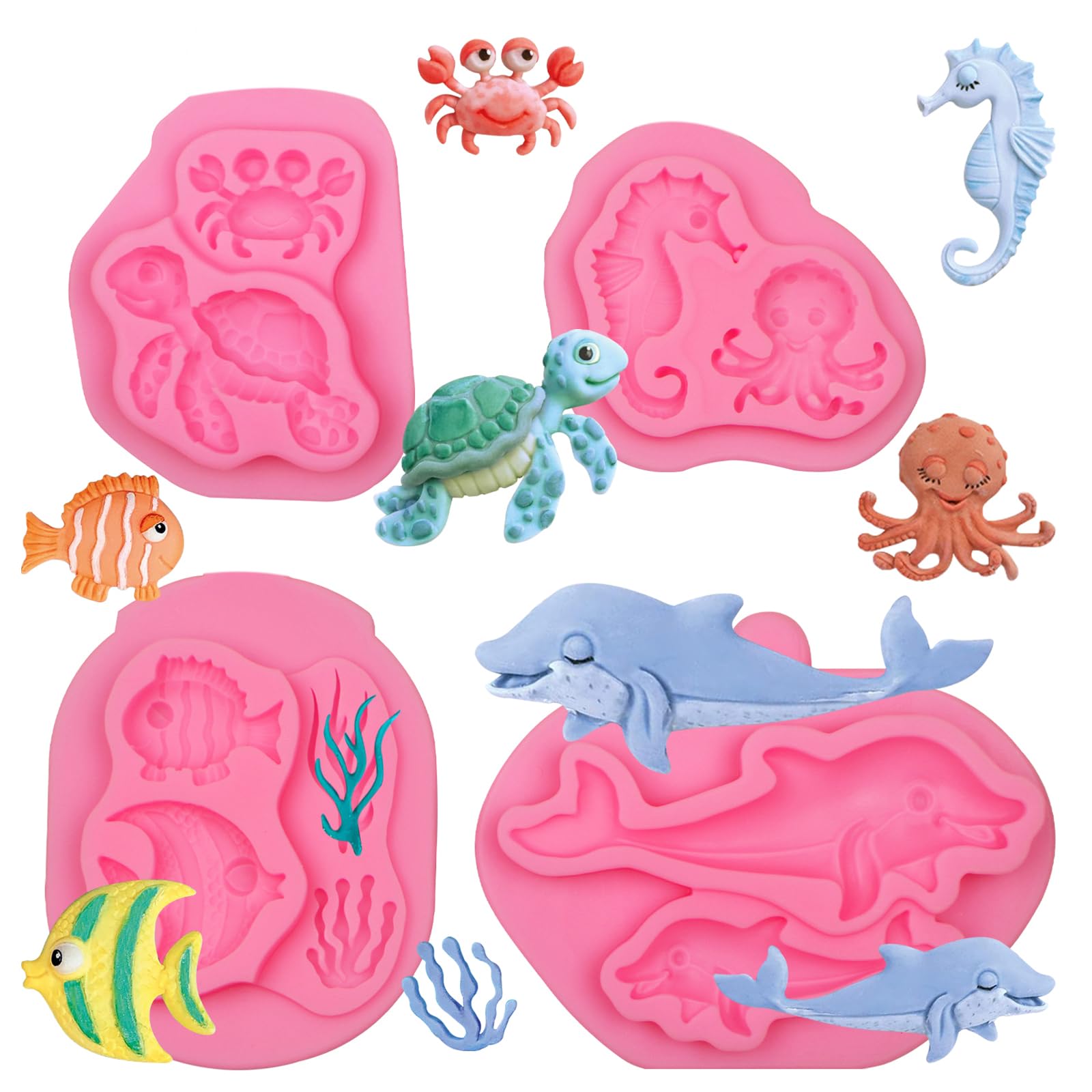 Muyulin Marine Turtle Fish Silicone Fondant Molds, 4 Packs Sea Coral Dolphin Chocolate Molds For Sea Theme Cake Decoration Cupca