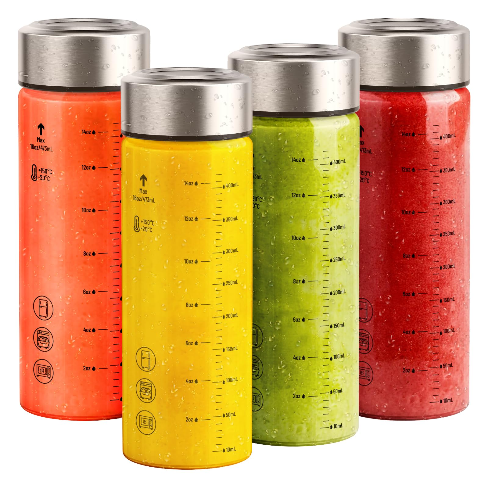 Sursip 16 oz Glass Juice Bottles - 4 Pack Wide Mouth Borosilicate Glass Bottles with Lids - Heat-Resistant, BPA Free, Leakproof 