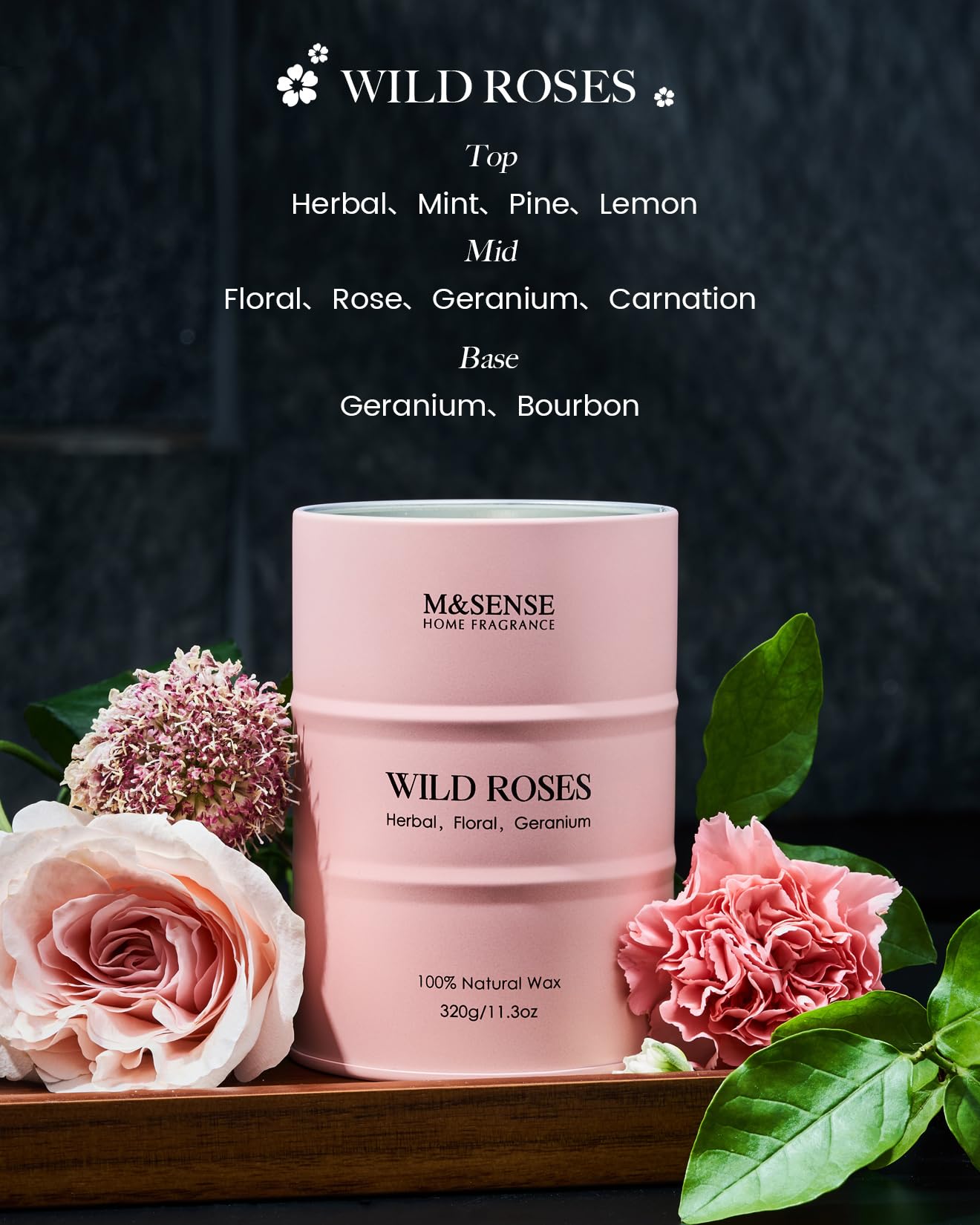 M&SENSE Wild Rose Natural Scented Candle, 70 Hours Long Lasting Soy Candles 11.3oz, Stress Relief Aromatherapy Candles for Women