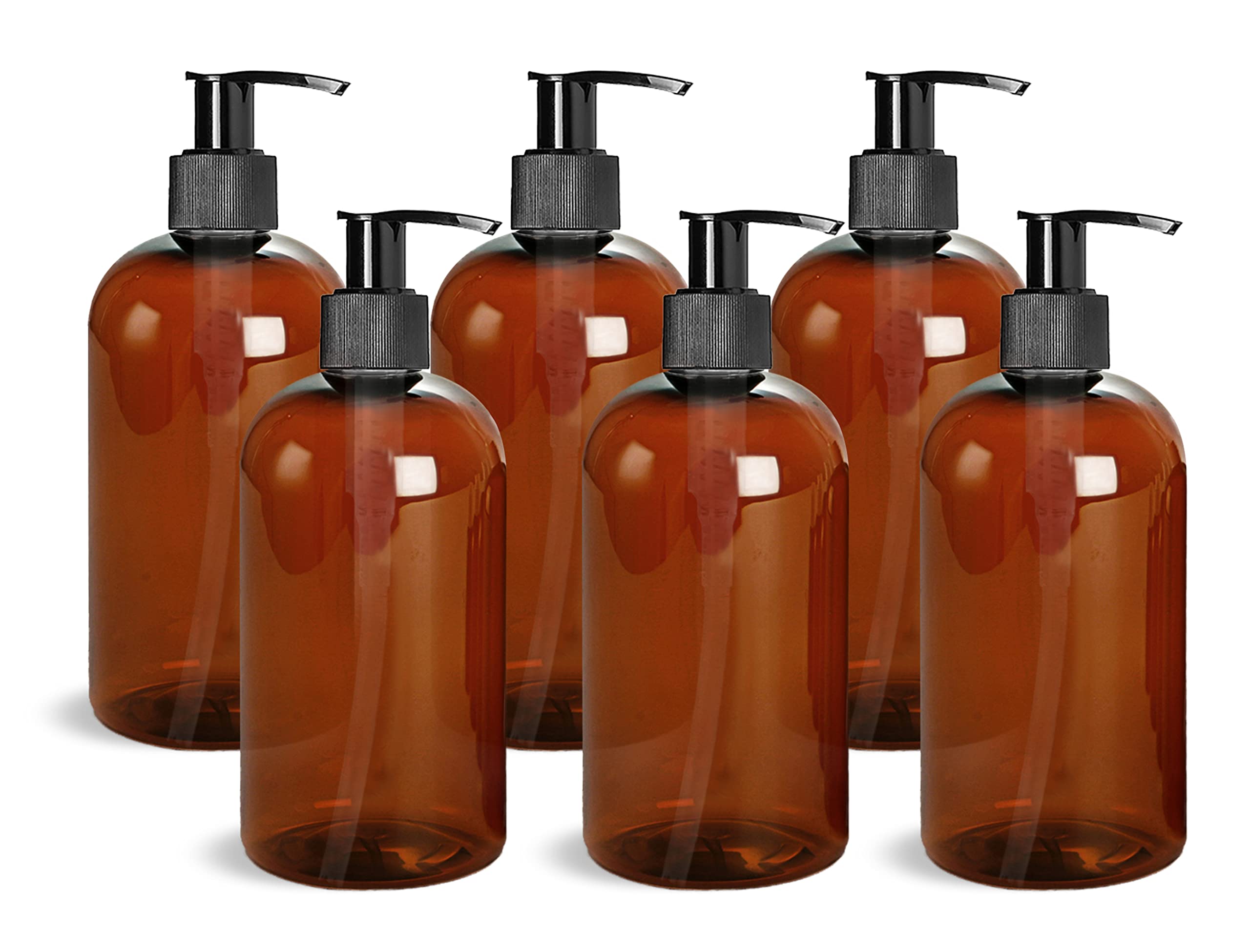 Ljdeals 16 Oz Amber Plastic Bottle With Black Lotion Pump, Refillable Containers For Shampoo, Lotions, Cream And More, Pack Of 6
