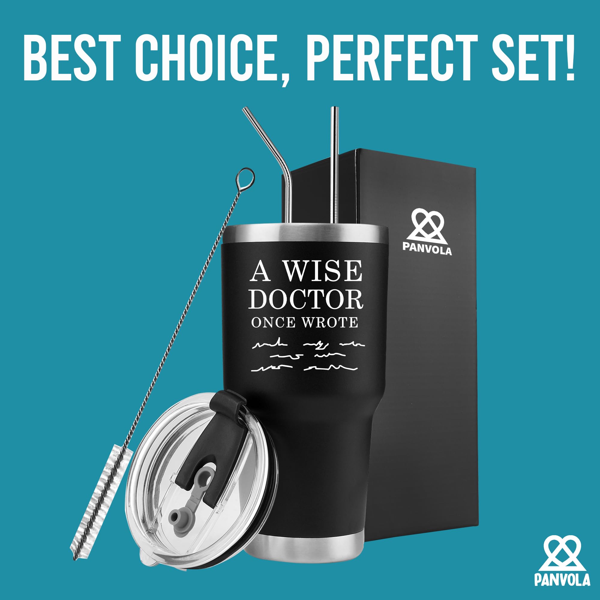 Panvola 30 oz Stainless Steel Travel Mug - Vacuum Insulated Tumbler for Doctors & Medical Students - Black, Removable Lid & Straw