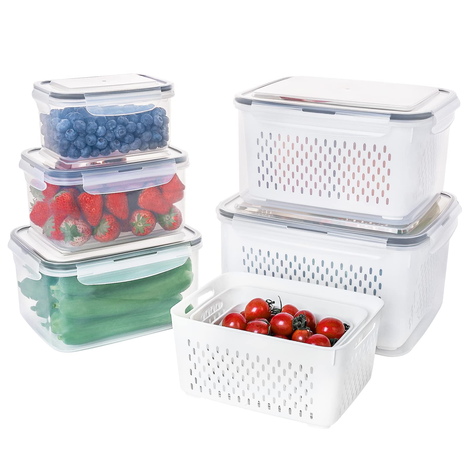 5 Pcs Large Fruit Containers For Fridge - Leakproof Food Storage Containers With Removable Colander - Dishwasher & Microwave Saf