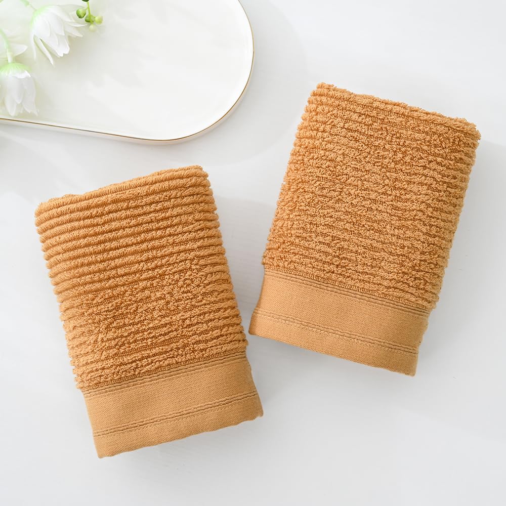 Yiluomo Super Soft Mustard Orange Hand Towel Set Of 2 Ribbed Striped Pattern 100% Cotton Absorbent Decorative Towel For Bathroom
