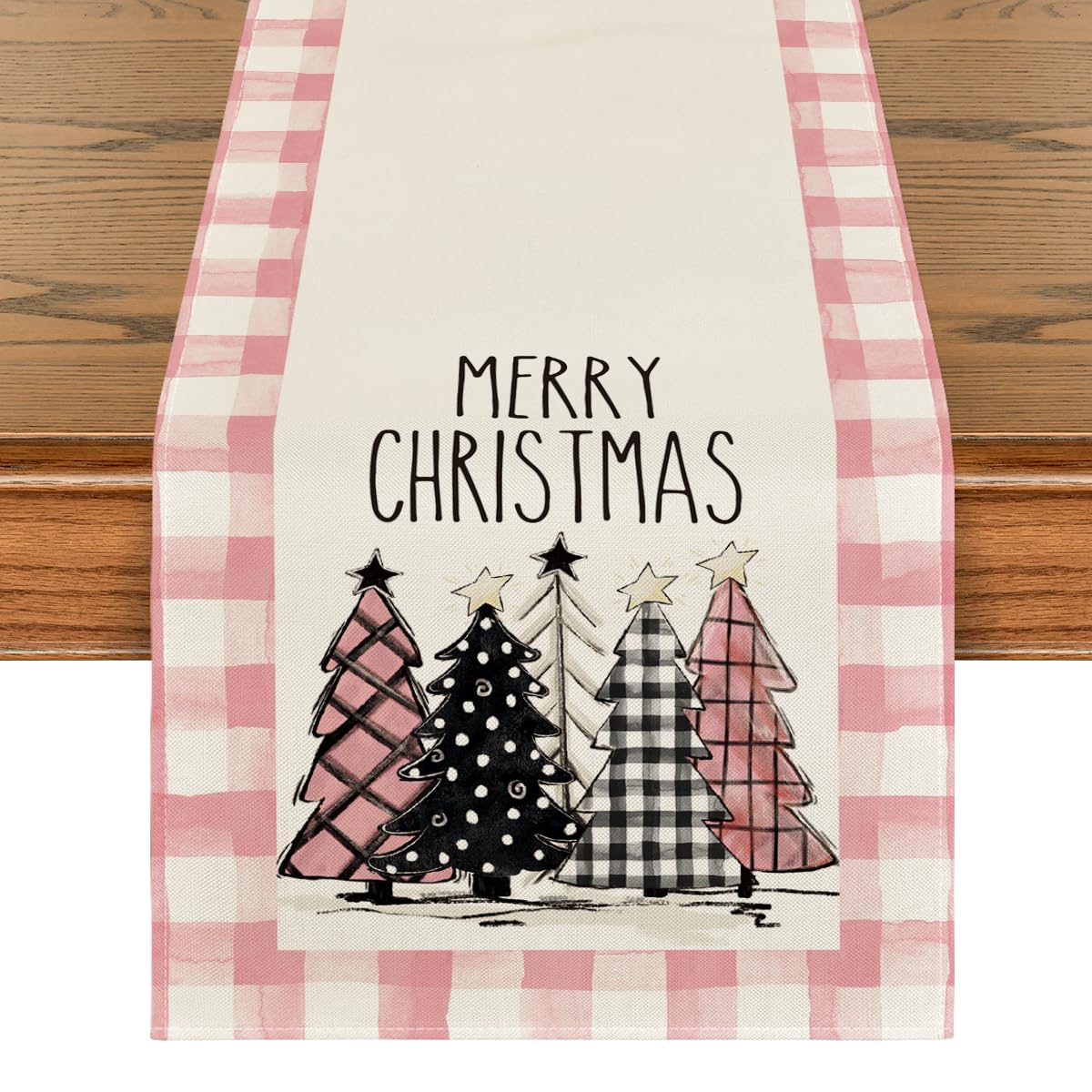 Artoid Mode Watercolor Pink Buffalo Plaid Christmas Trees Merry Xmas Table Runner, Seasonal Winter Holiday Kitchen Dining Table