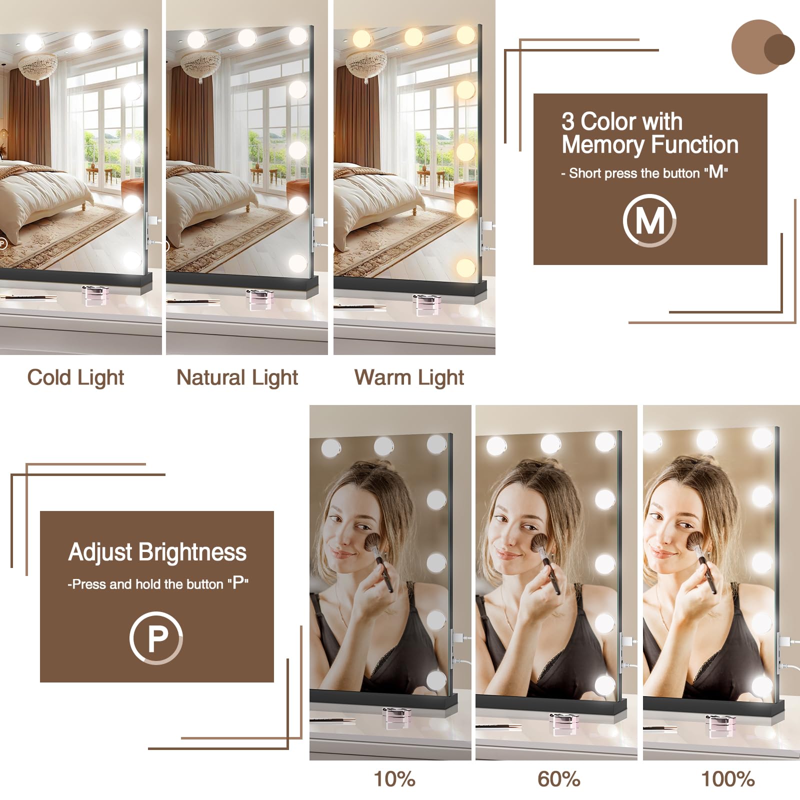 halumao Vanity Makeup Mirror with Lights, 22.8 x 19 Large Light Up Mirror with Smart Touch 3 Colors Dimmable Black