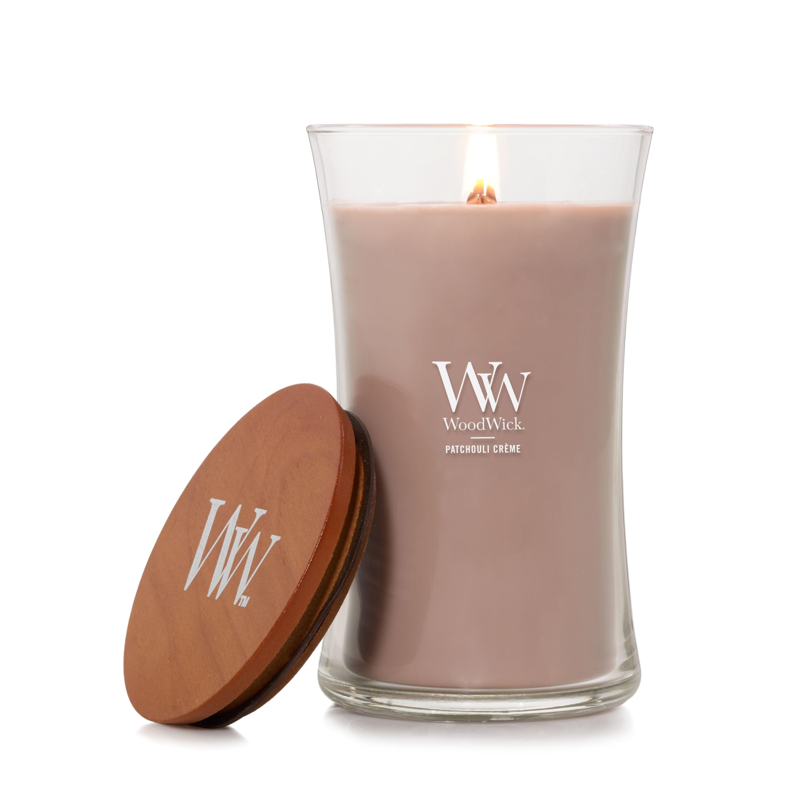 WoodWick Patchouli Crme Gifts for Women and Men, 21.5 oz Large Hourglass Candle with Crackling Wick
