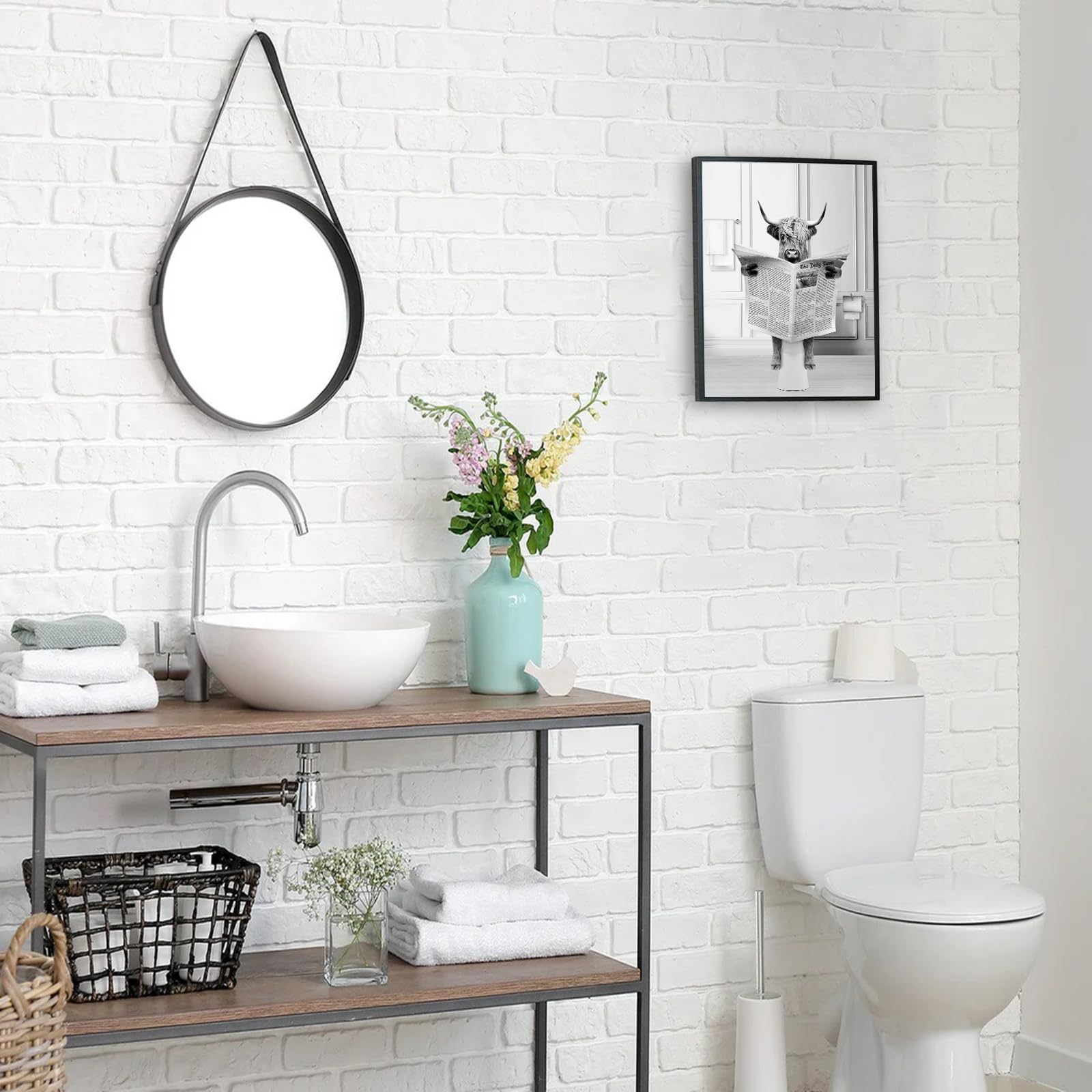 Bathroom Decor Wall Art Framed, Funny Highland Cow Wall Art In Toilet, Black And White Cow In Bathroom Picture, Humor Animals Ba