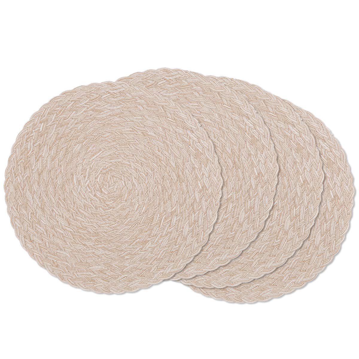 Shacos Round Braided Placemats 15 Inch Set Of 4 Thick Washable Kitchen Table Placemats For Home Wedding Party (T-Beige, 4)